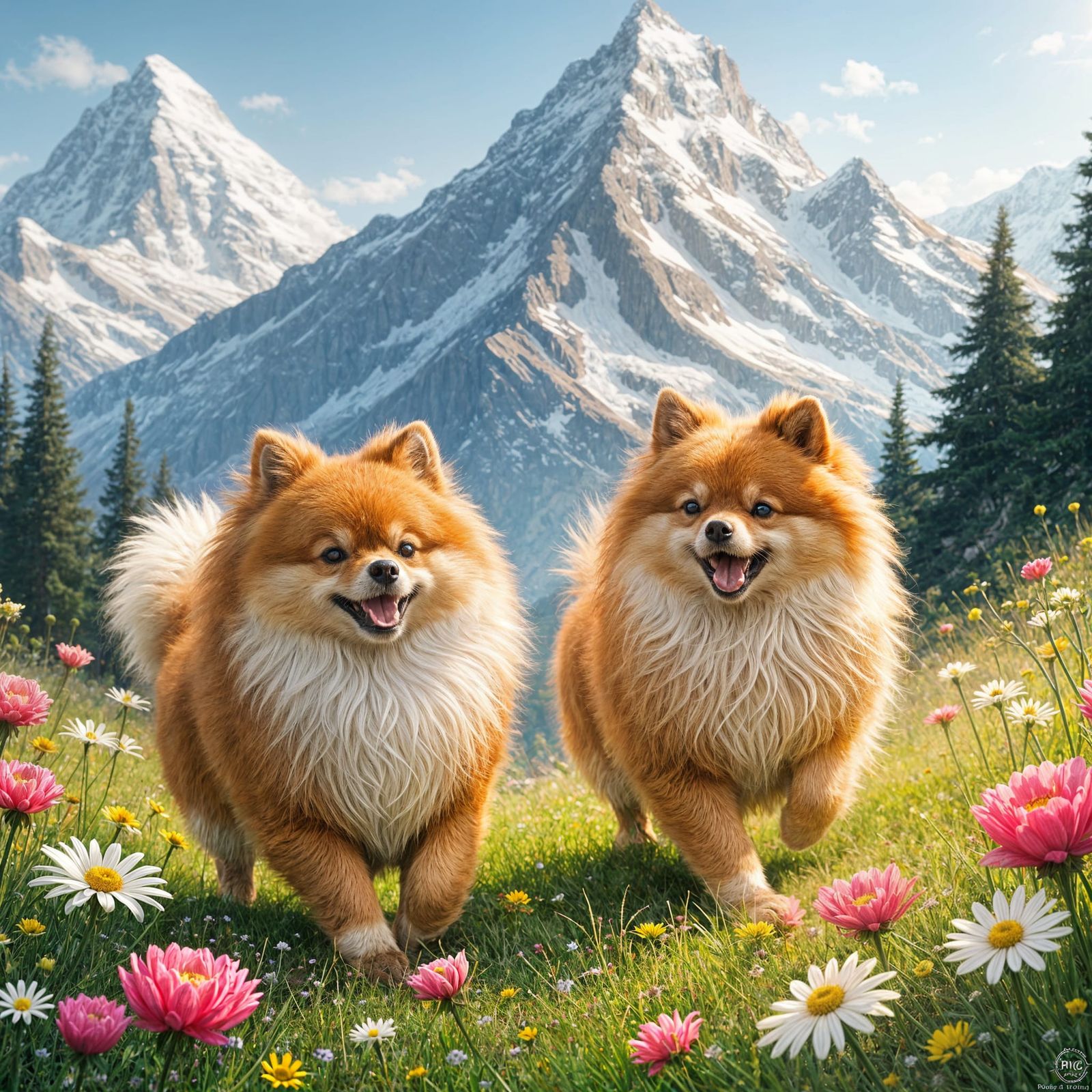 Pomeranians Frolicking in Alpine Meadow