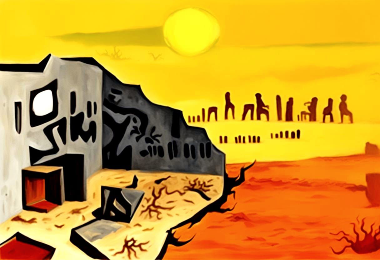 Surreal Desert Building Fracture in Scorching Landscape