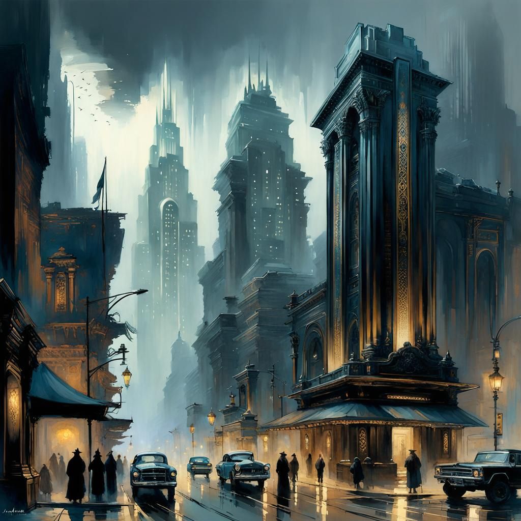 Misty City Ruins in Watercolor Style