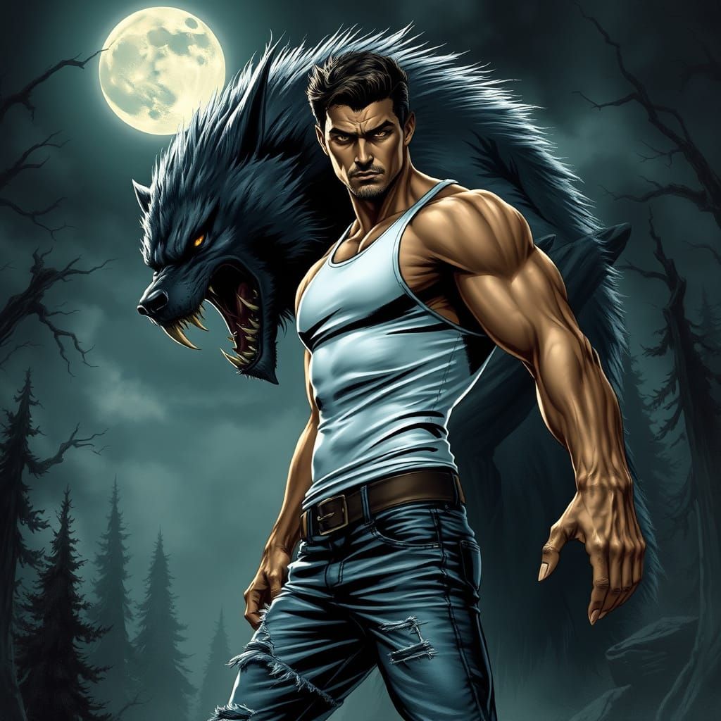Majestic Dark Fantasy Werewolf in Moonlit Gothic Landscape