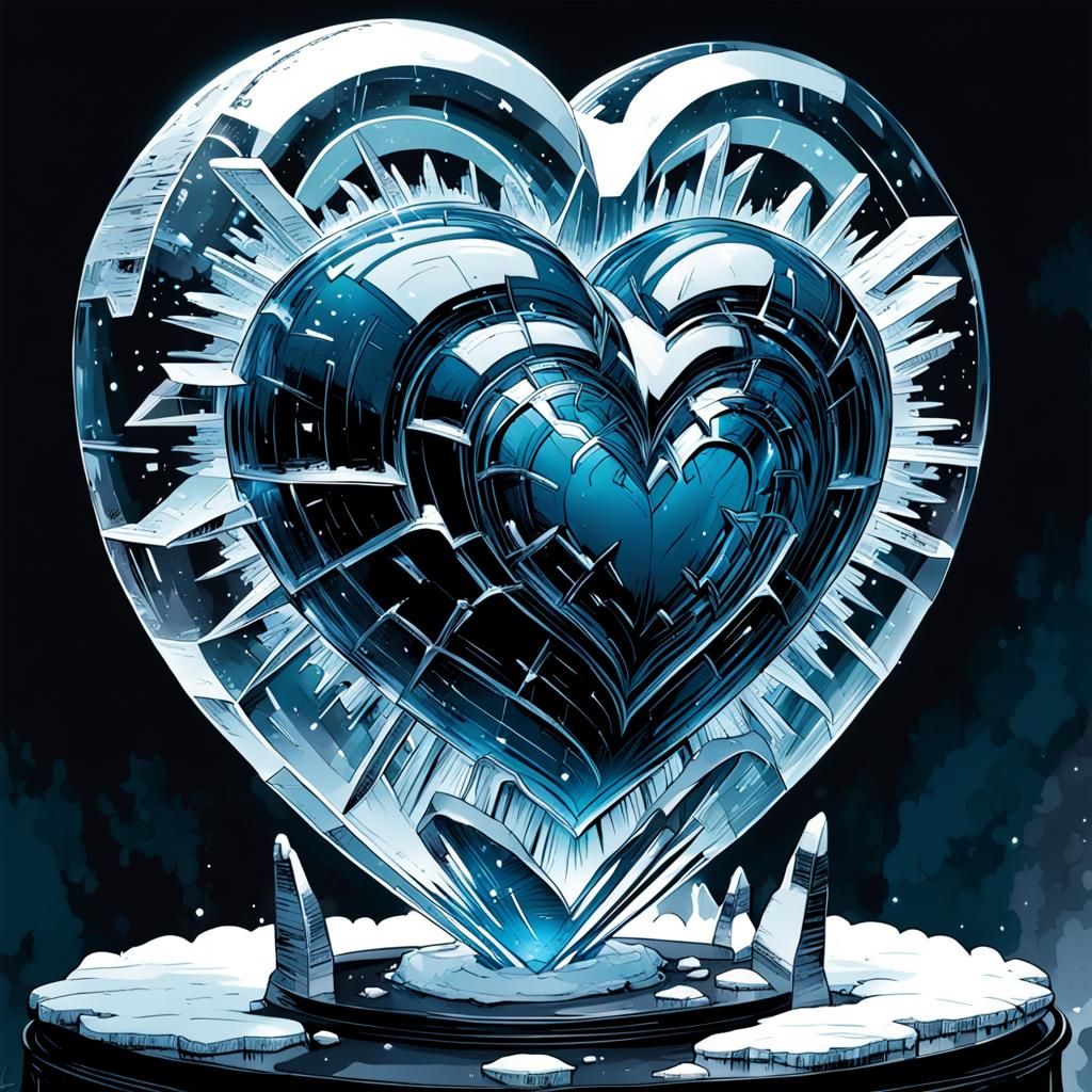 Intricate Ice Heart Sculpture in Comic Book Style