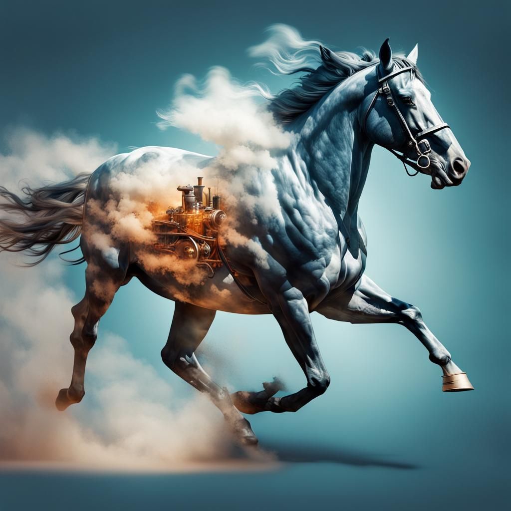 Hyperrealistic Horse to Steam Engine Double Exposure