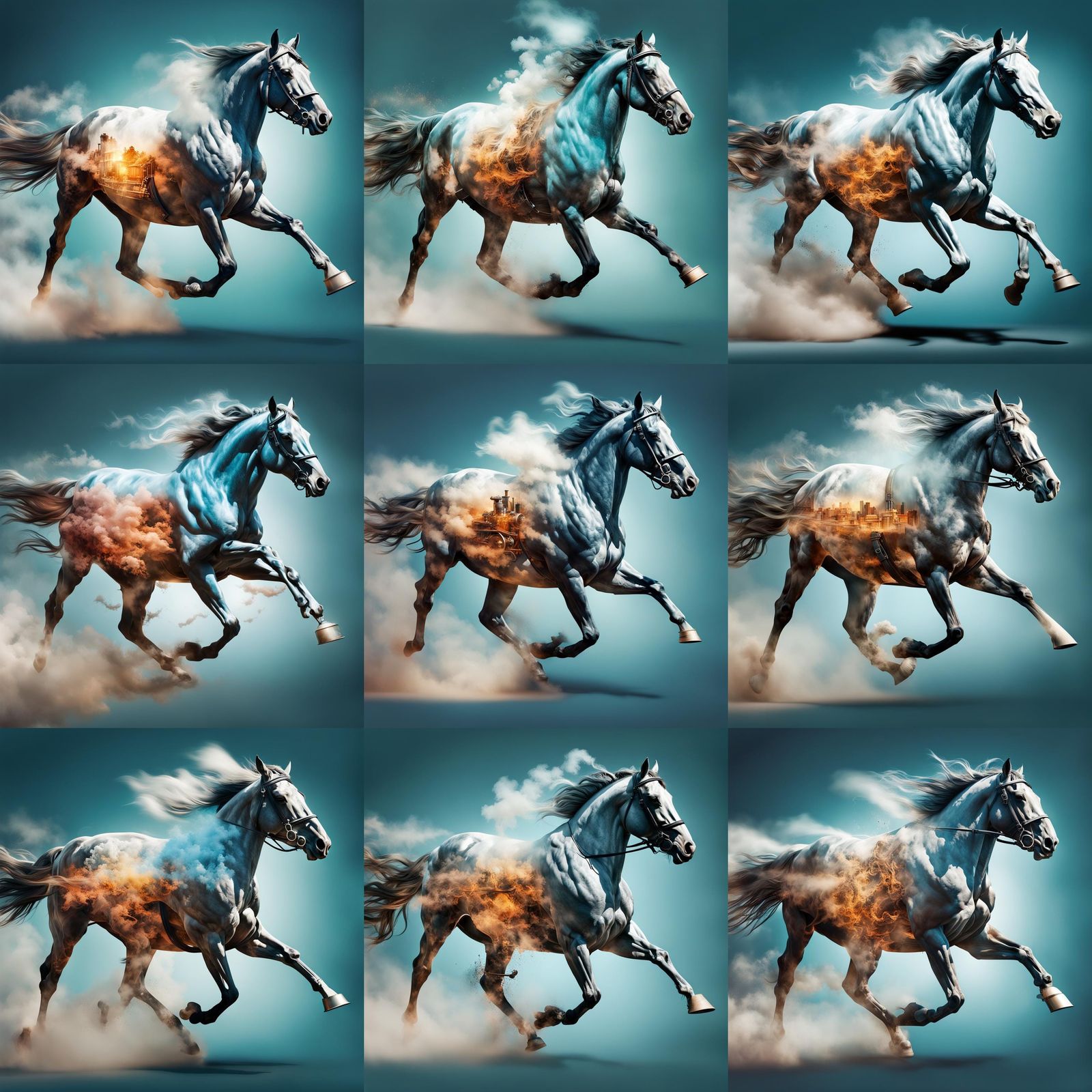 Horse to Steam Engine: Hyperrealistic Double Exposure