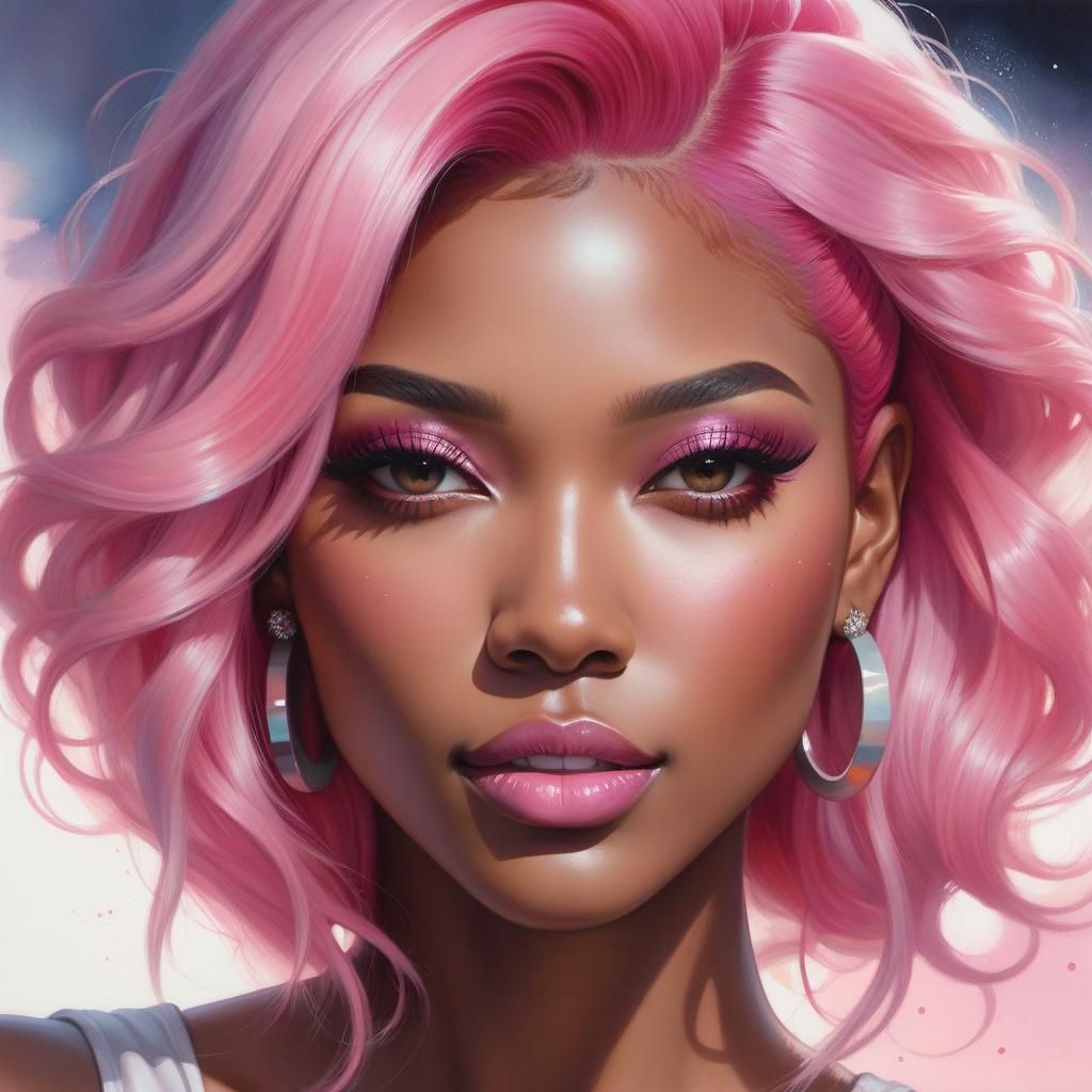 Watercolor Portrait of a Woman with Pink Hair