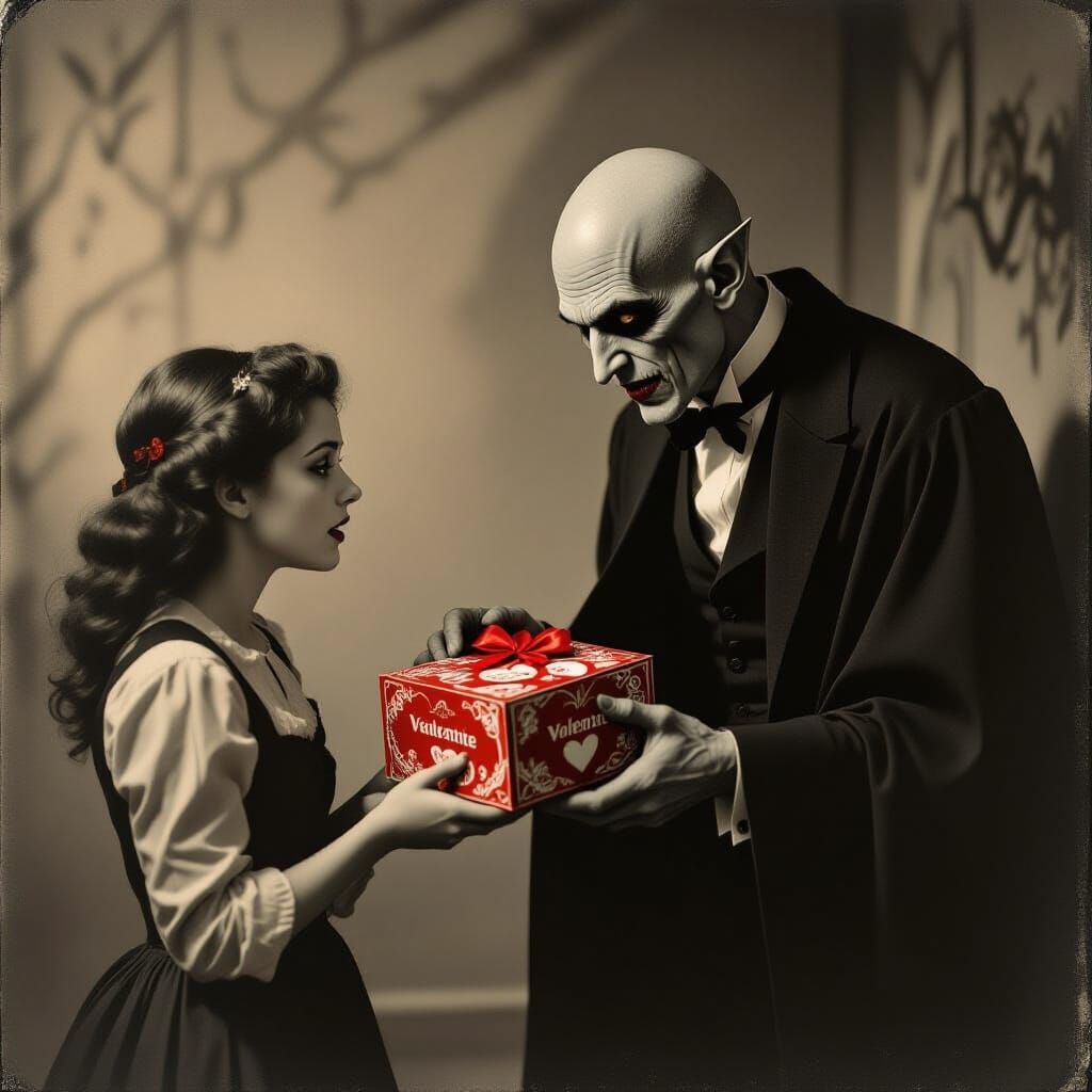 Gothic Horror Vampire Offers Valentine to Terrified Woman