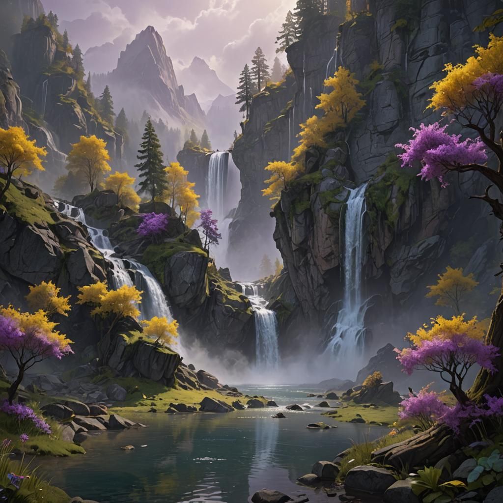 Fantasy Landscape with Waterfall: 8k Concept Art