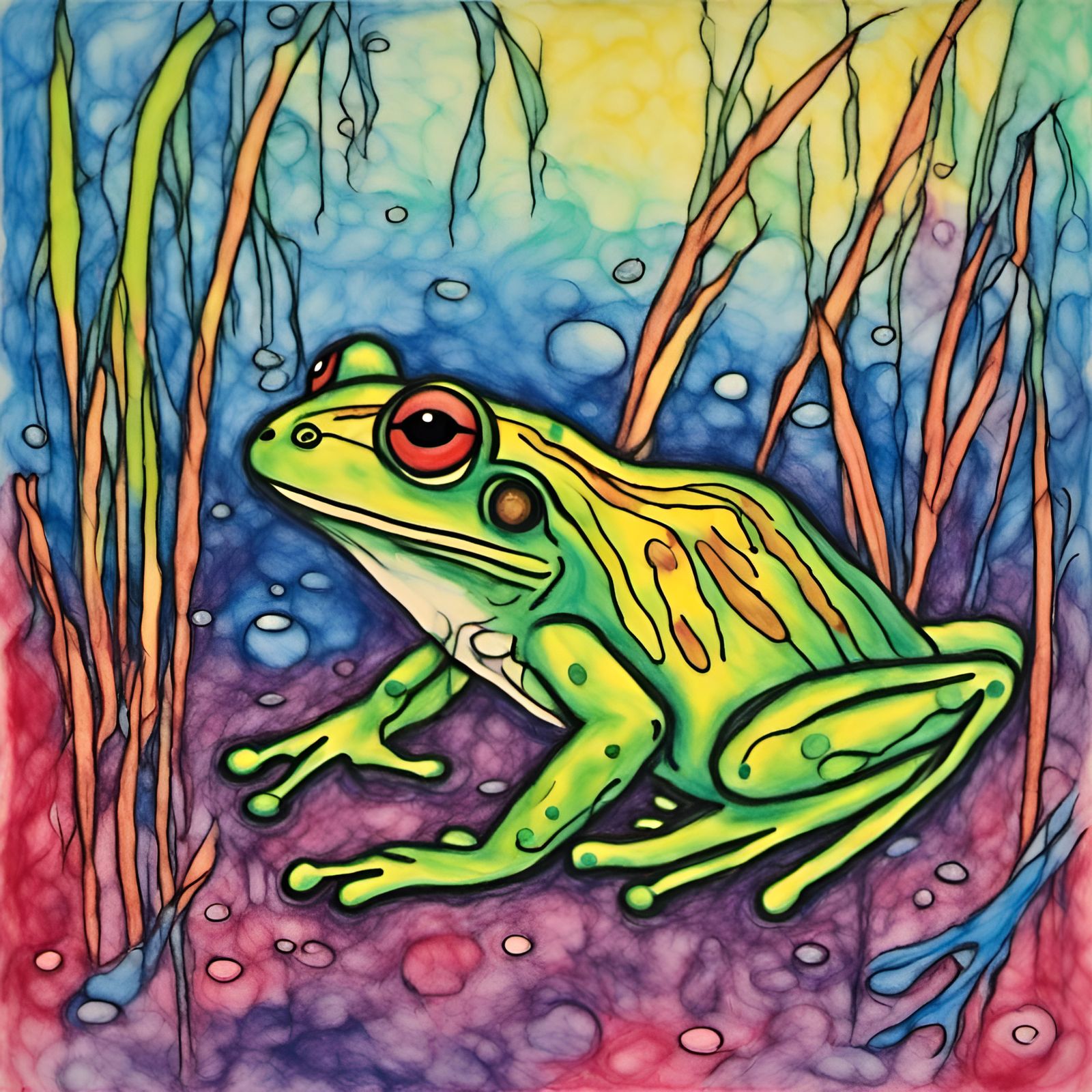 Crayon Frog in Swamp on Wax Paper
