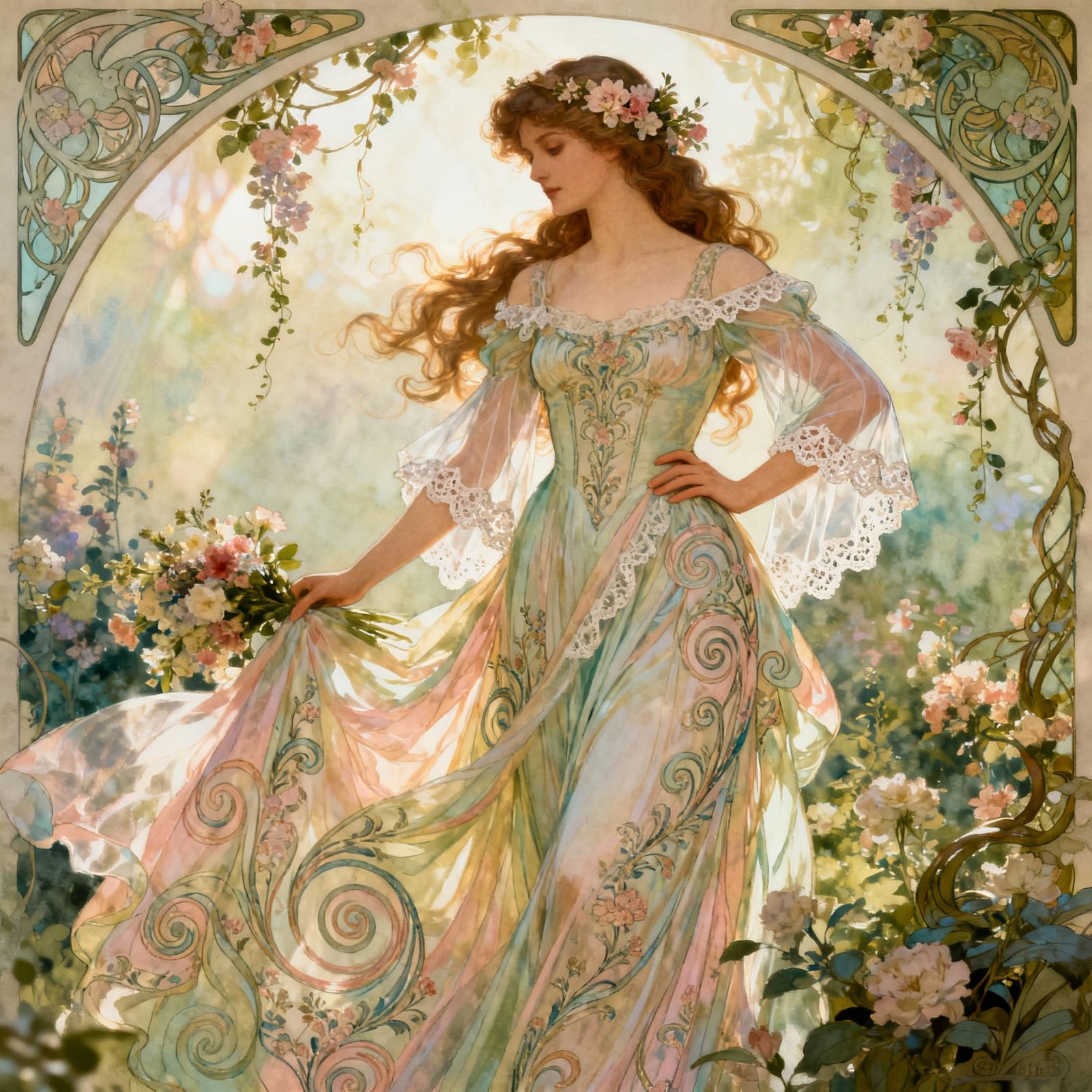 Art Nouveau Woman in Elegant Gown