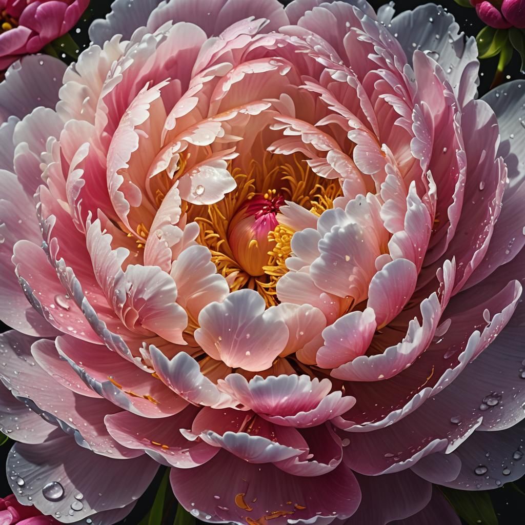 Perfect Dew-Kissed Peony Blossom in Hyperrealistic Splash Ar...