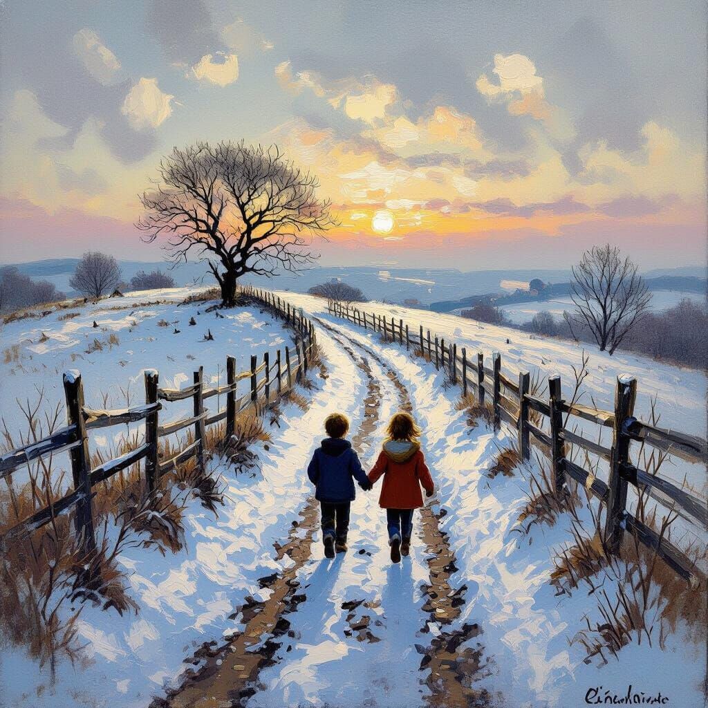 Children Walking in Snowy Impressionist Landscape