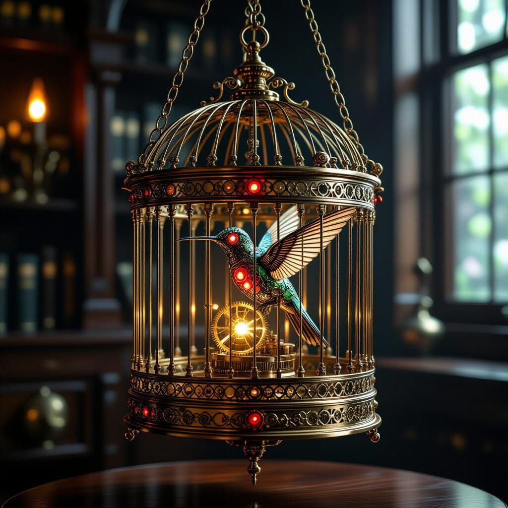 Antique Clockwork Birdcage with Mechanical Hummingbird