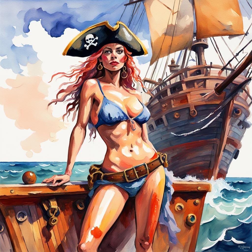 Bikini Pirate Captain: Gouache Impressionist Masterpiece