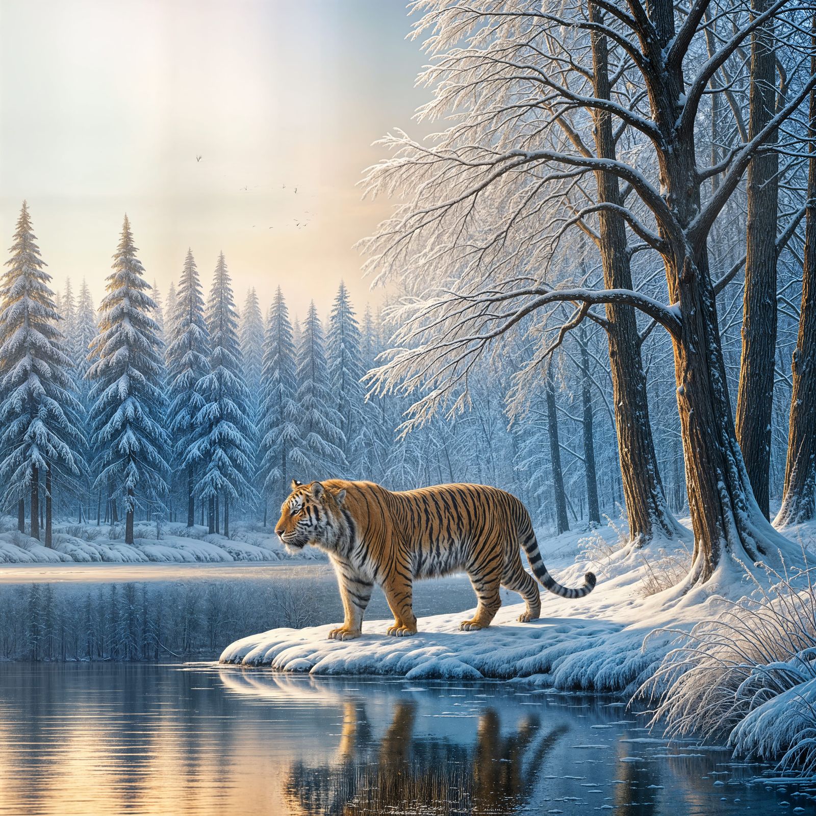 Winter Forest Scene with a Majestic Tiger