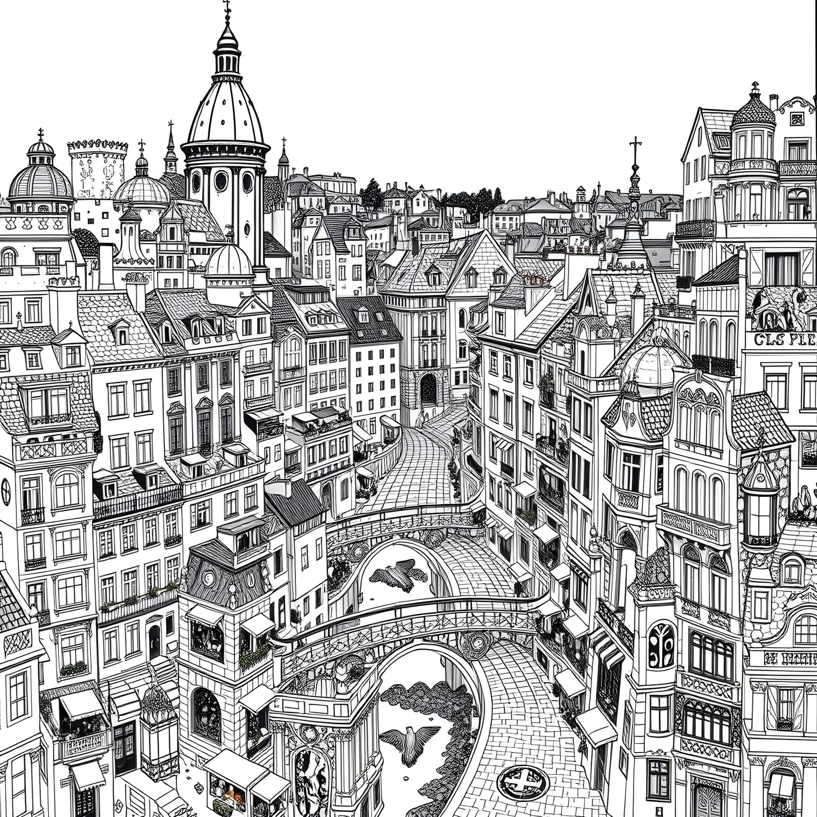 Detailed Doodle Drawing of a European City