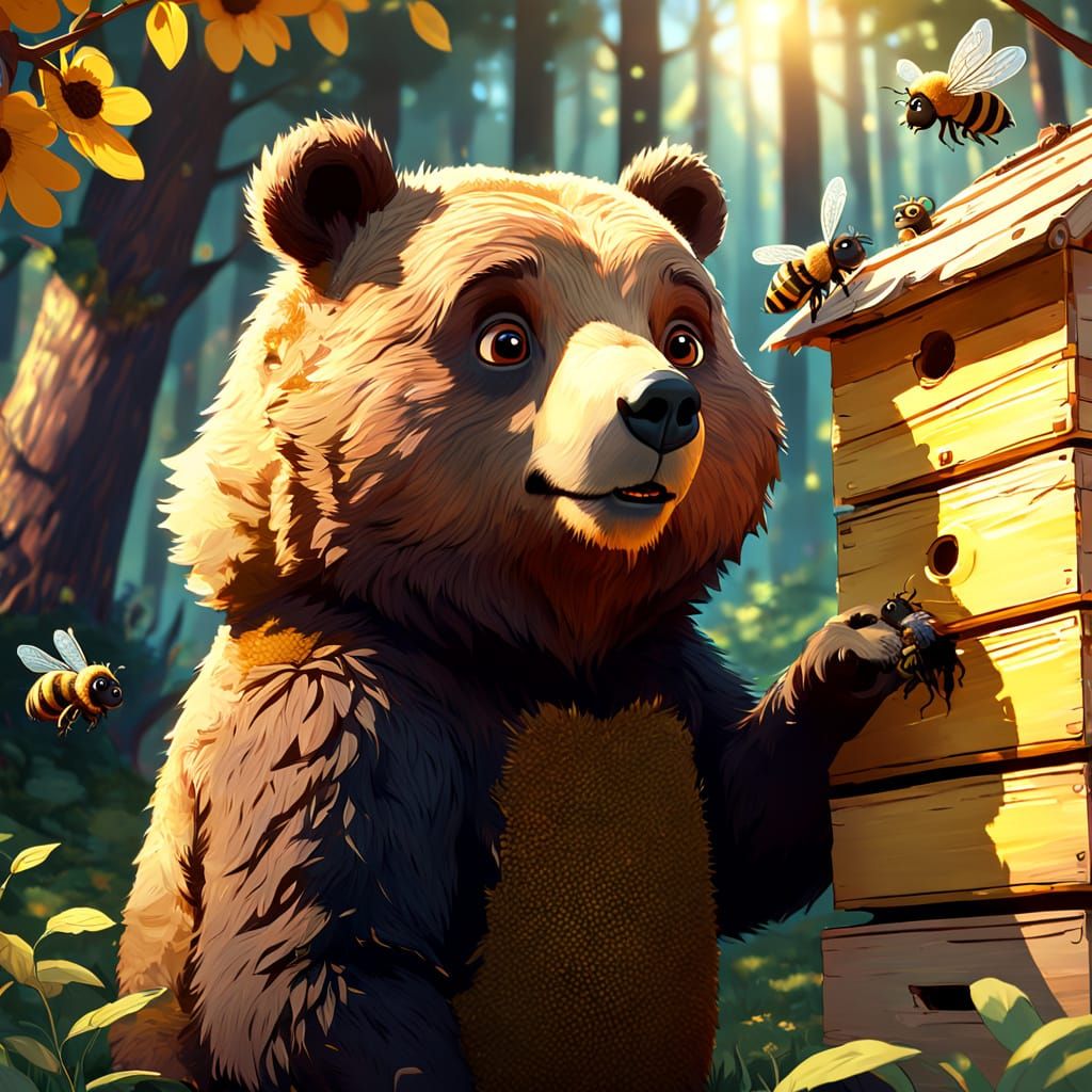 Whimsical Bear Cub and Bee in Forest, Pixar Style