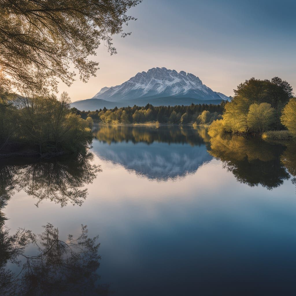 Serene Blue Lake at Golden Hour, Nature Photography