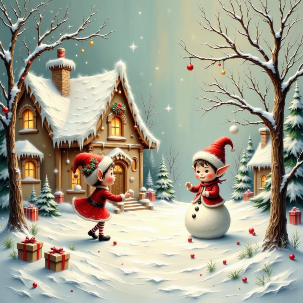 Christmas Elves and Snowman in Gingerbread Village