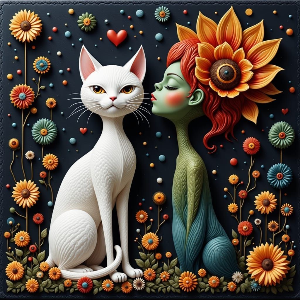 Whimsical Surreal Cat and Girl with Sunflower in Chalk Art S...