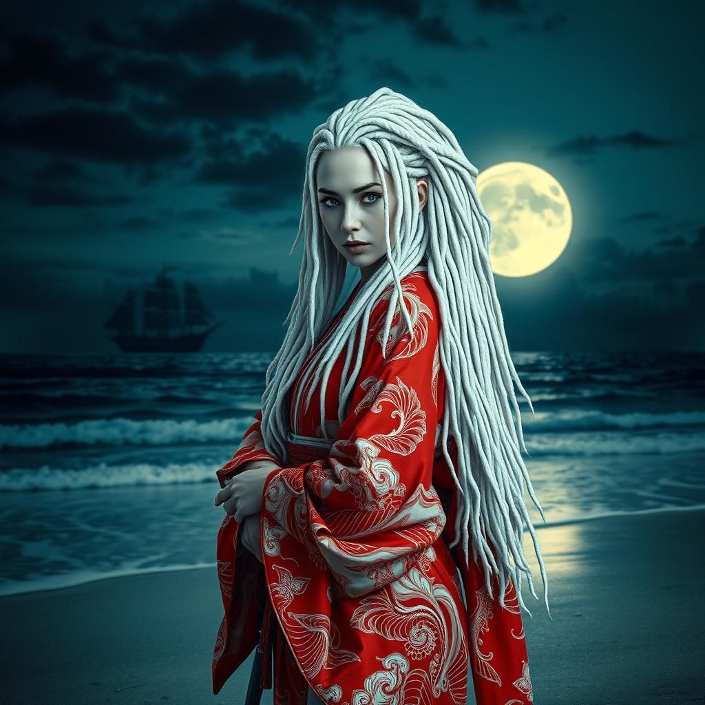 Woman with Katana on Moonlit Beach as Digital Art