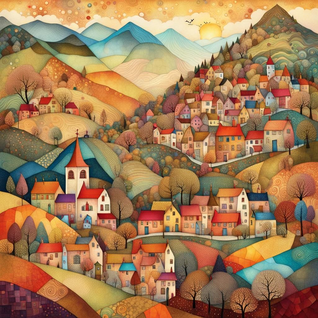 Mountain Village Sunrise: A Whimsical Folk Art Illustration