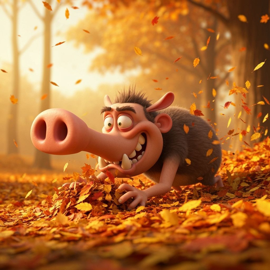 Mischievous Cartoon Character Rooting Through Autumn Leaves
