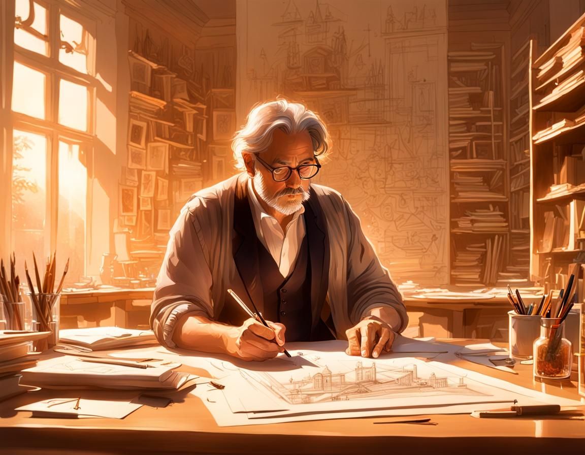 Architect Immersed in Drawings at Drafting Table