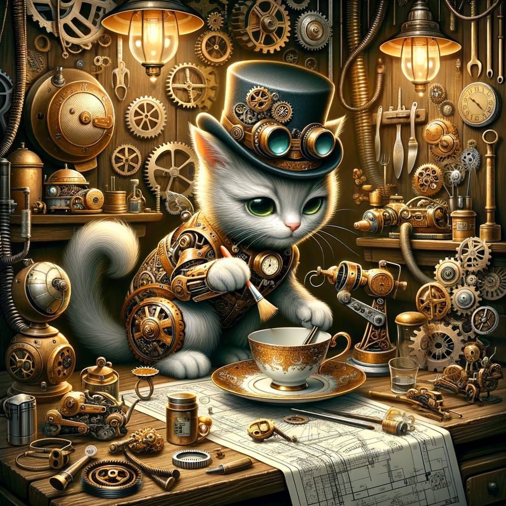 Steampunk Clockwork Kitten Polishing Teacup in Workshop