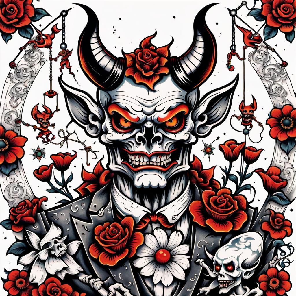 Devil Puppeteer Tattoo Design in Bert Grimm Style