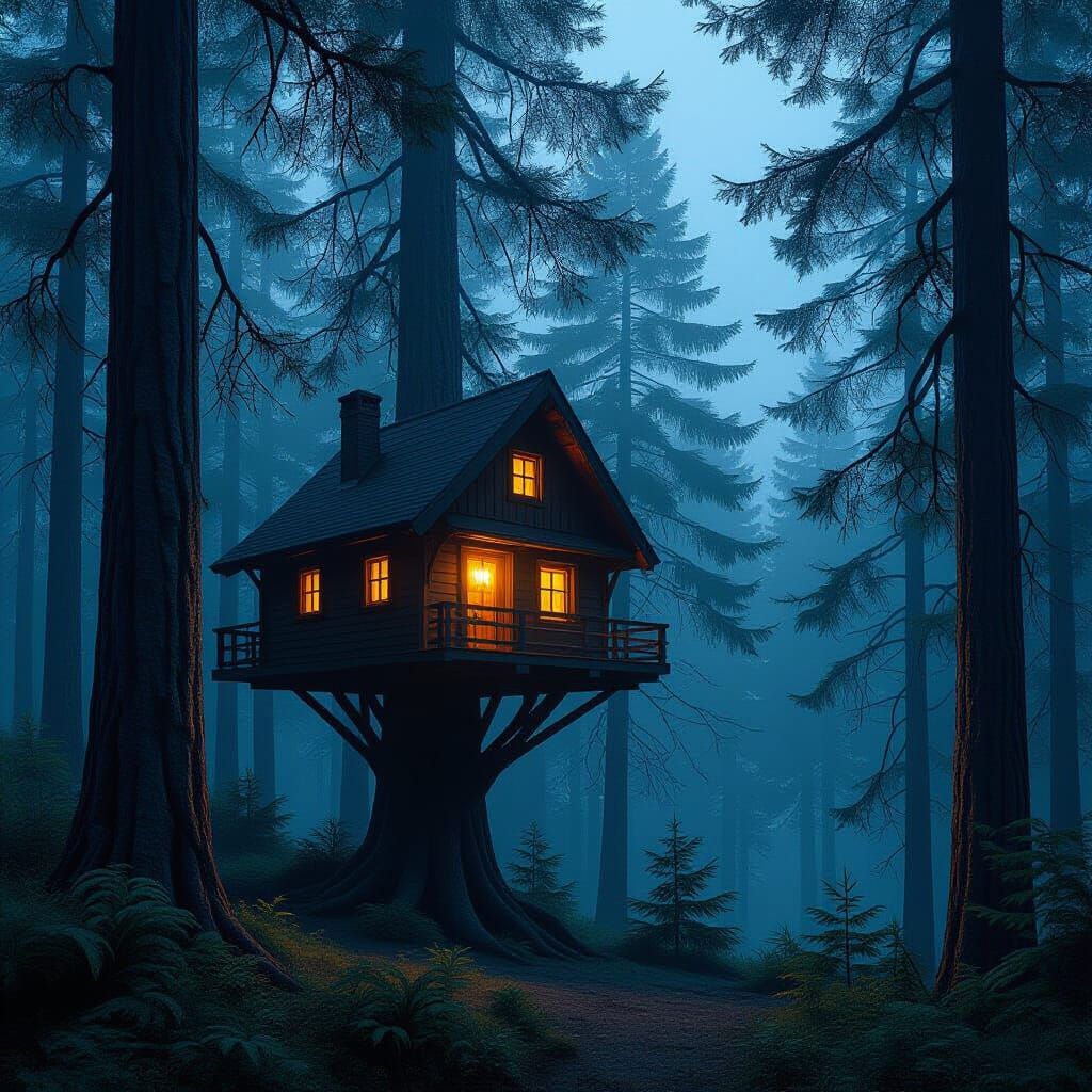 Cozy Treehouse in Pine Forest Under Dark Sky