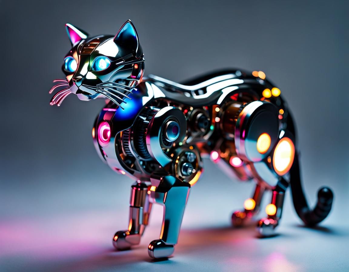 Cyberpunk Robot Cat with Iridescent Lights