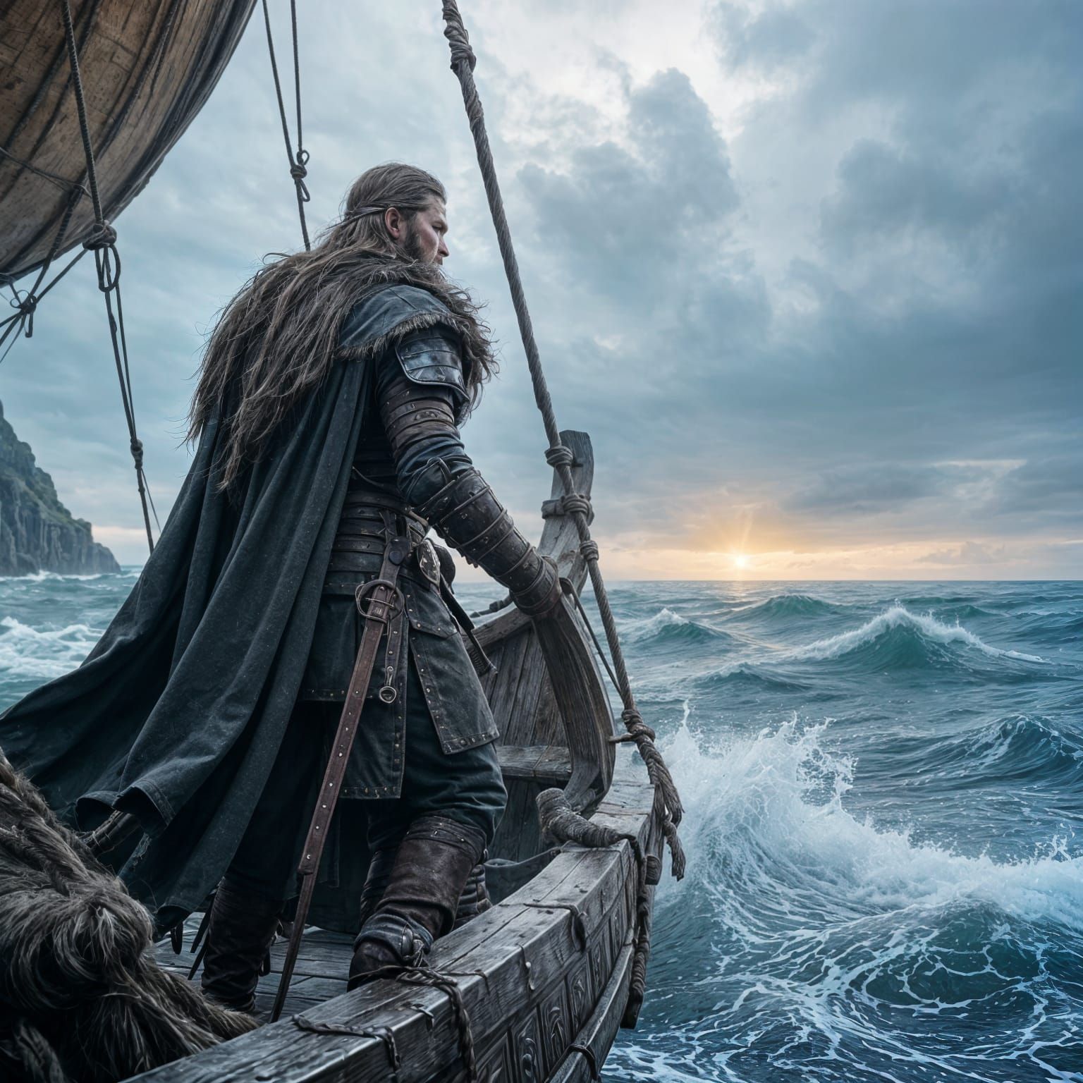 Viking Warrior Navigates Stormy Sea: Hyperrealistic Digital ...