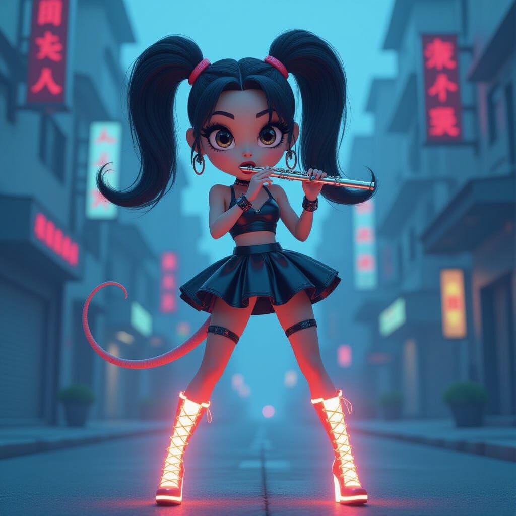 Surprised Woman in Futuristic Silicone Skirt and Glowing Boo...