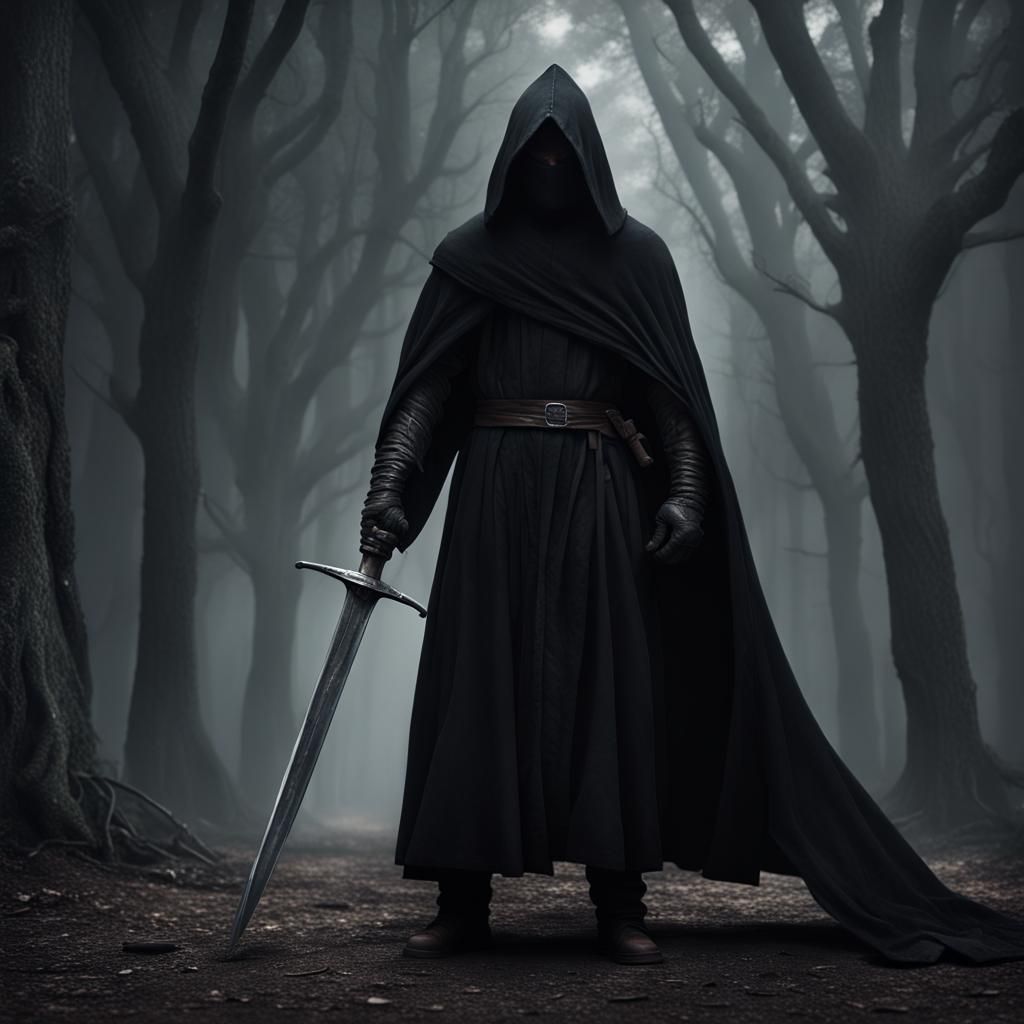 Mysterious Cloaked Swordsman in Shadow