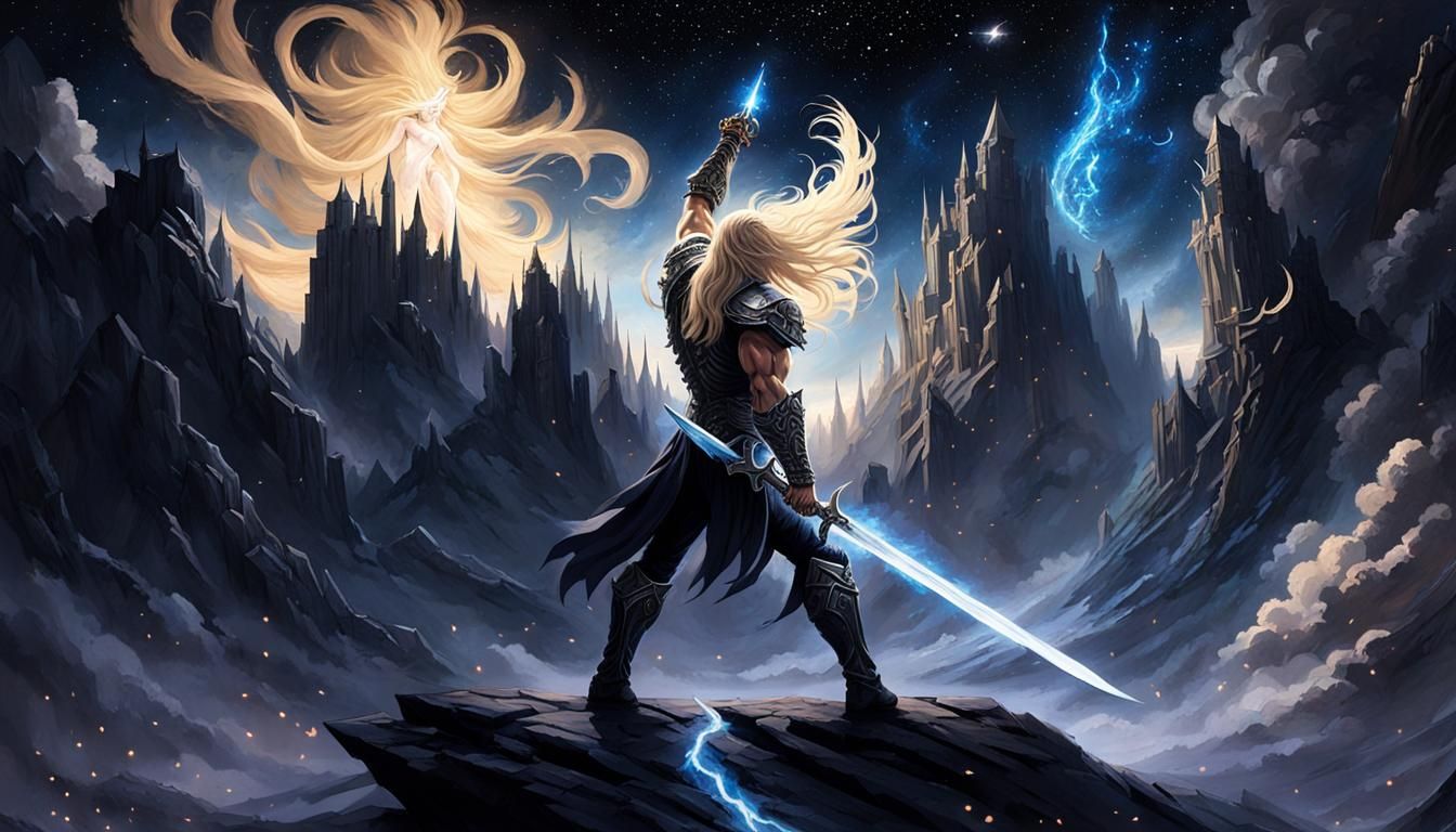 Warrior Reaching for Celestial Beings in Dark Fantasy
