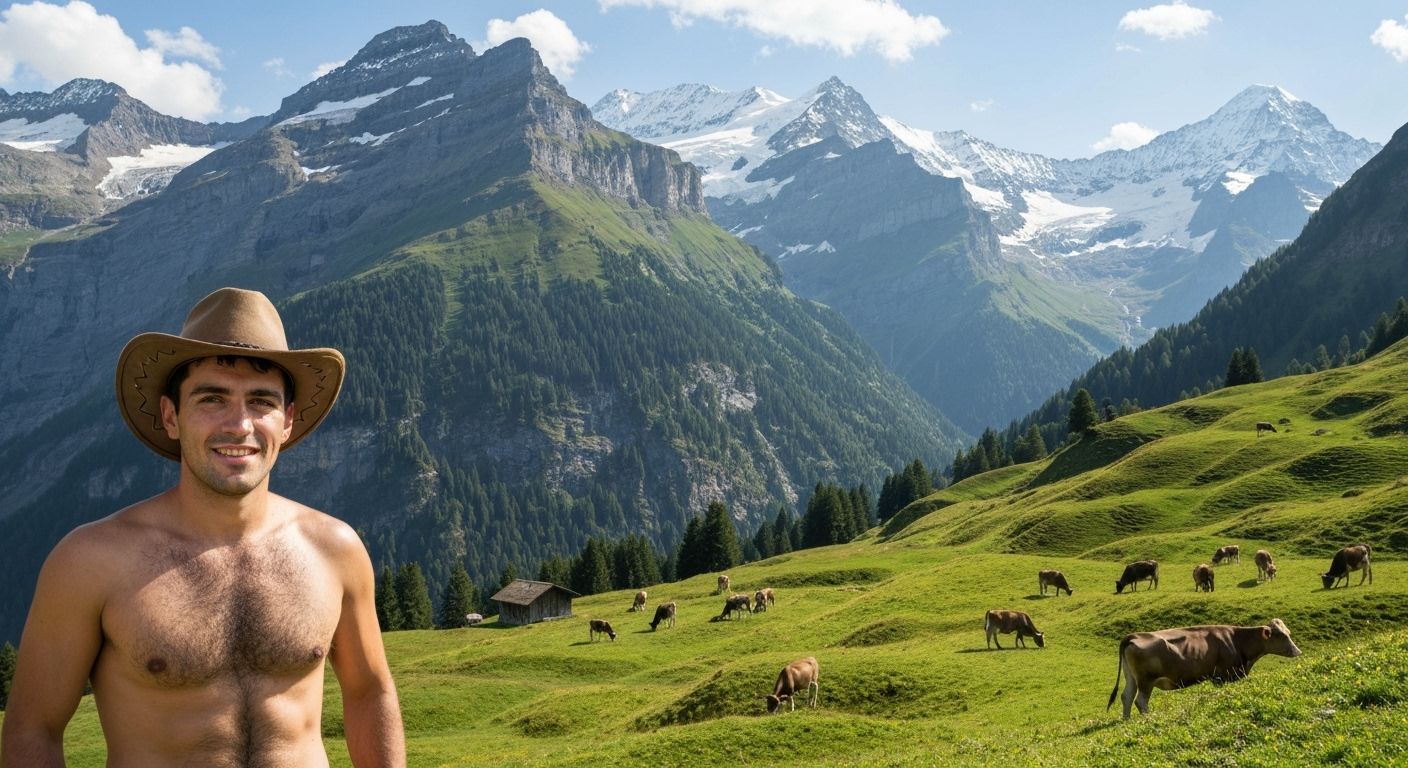 Photorealistic Swiss Alps Landscape with Farmer and Cows