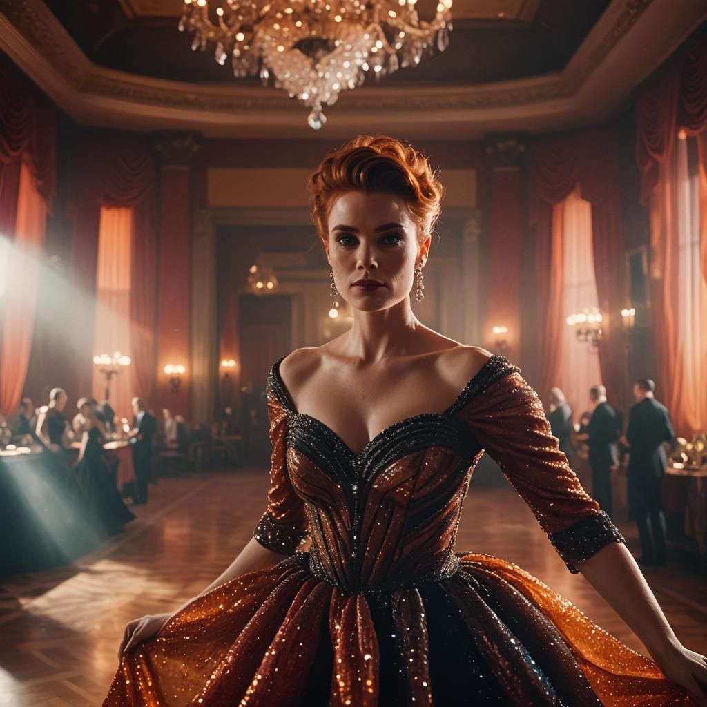 Woman in Ballroom with Hankerchief Skirt