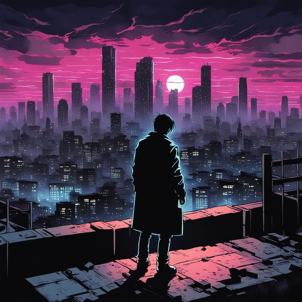 Cyberpunk Neon Cityscape with Cybernetic Arm, Manga Style