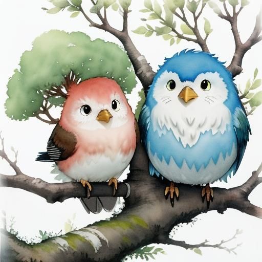 Cute Birds Chirping in Watercolor Painting