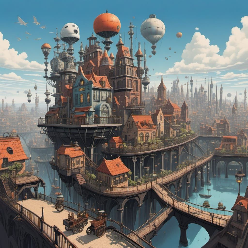 Steampunk Cityscape in Miyazaki's Whimsical Style