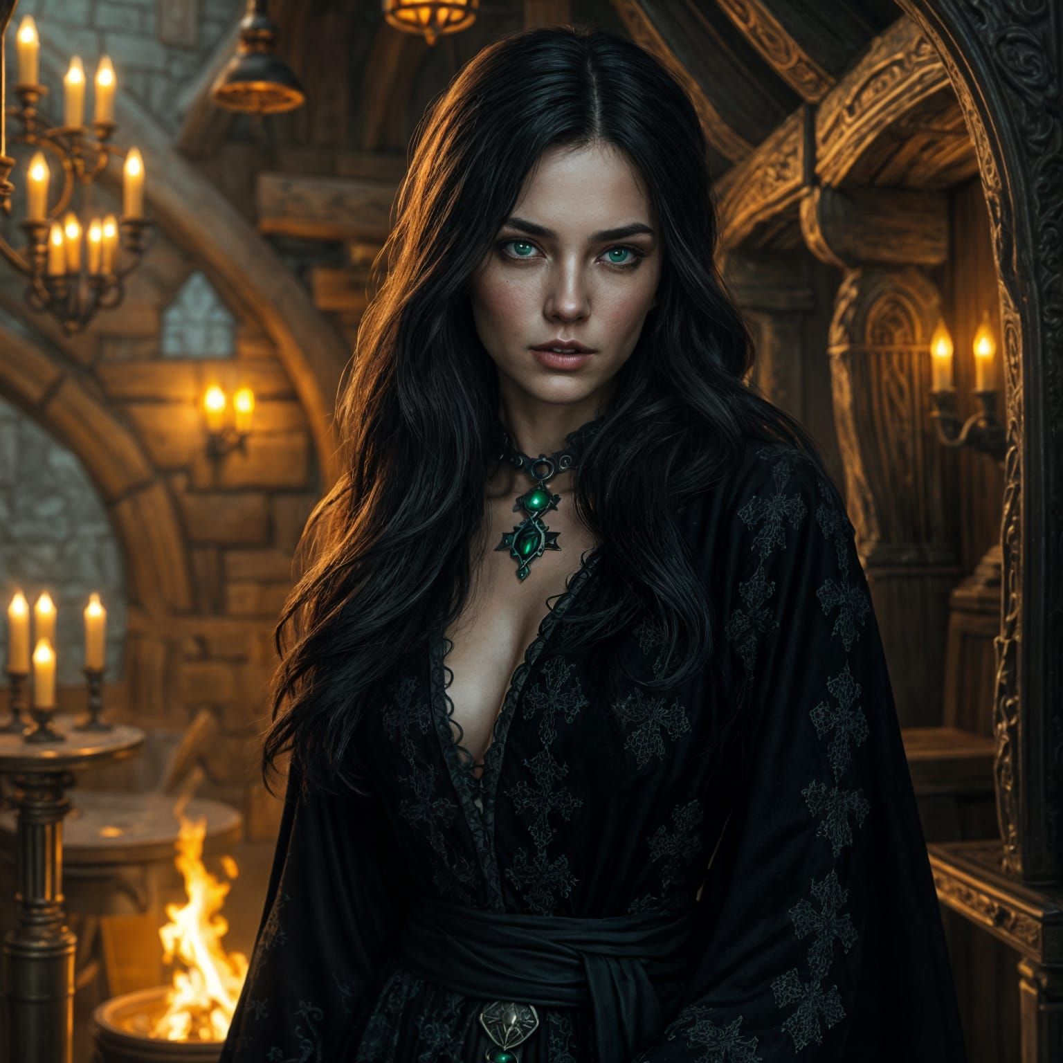 Beautiful female evil mage in black robes with long black hair and green eyes walks into a tavern