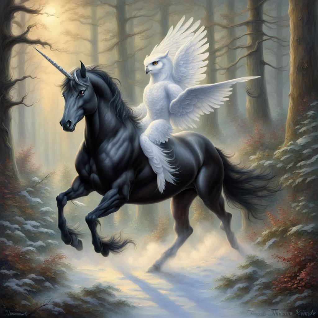 Majestic Black Unicorn in Ethereal Forest