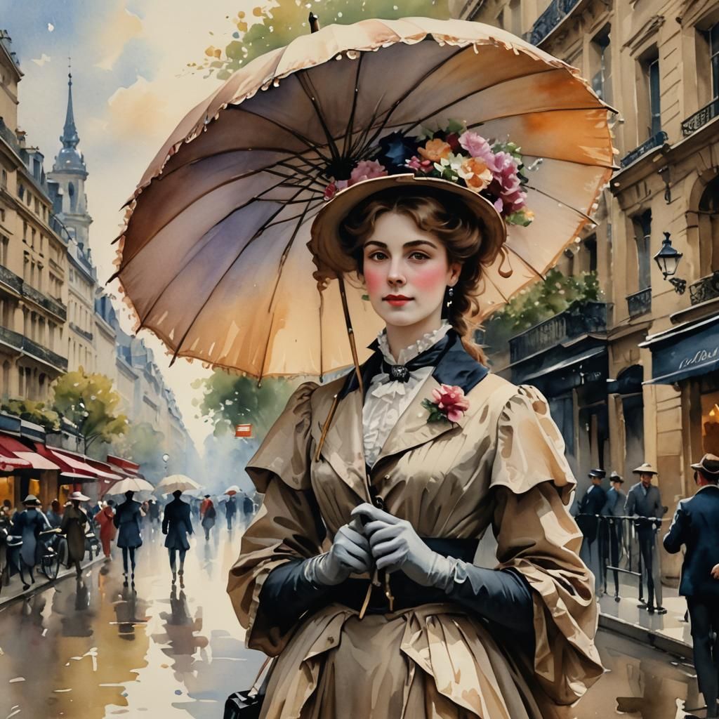 Victorian Woman in Paris, Watercolor Impressionism