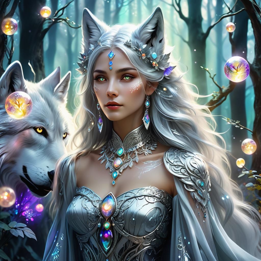 Silver Wolf Woman in Enchanted Forest Digital Art