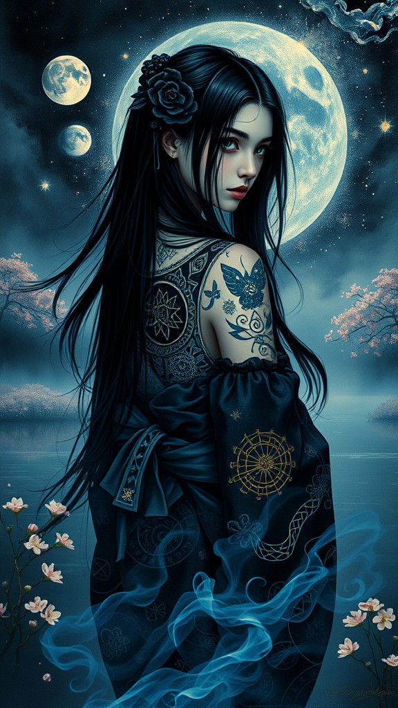 Gothic Girl in Ukiyo-e Style with Astronomical Signs