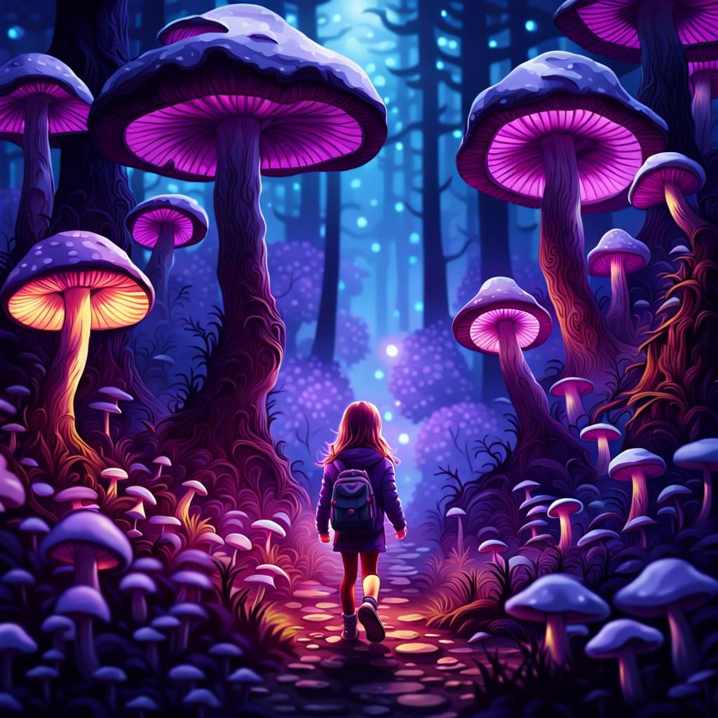 Surprised Girl in Bioluminescent Mushroom Forest