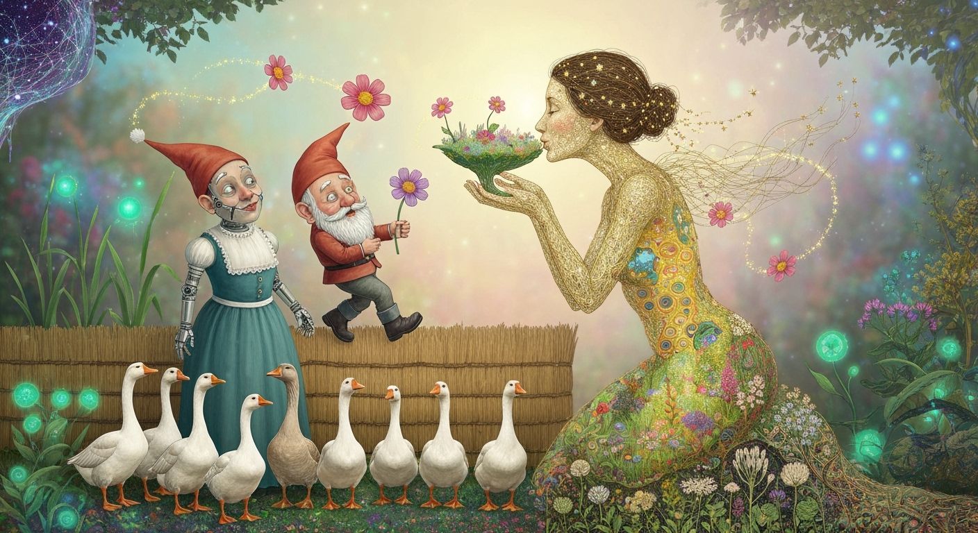 Folkloric Robot & Geese in Surreal Eco-Art Garden