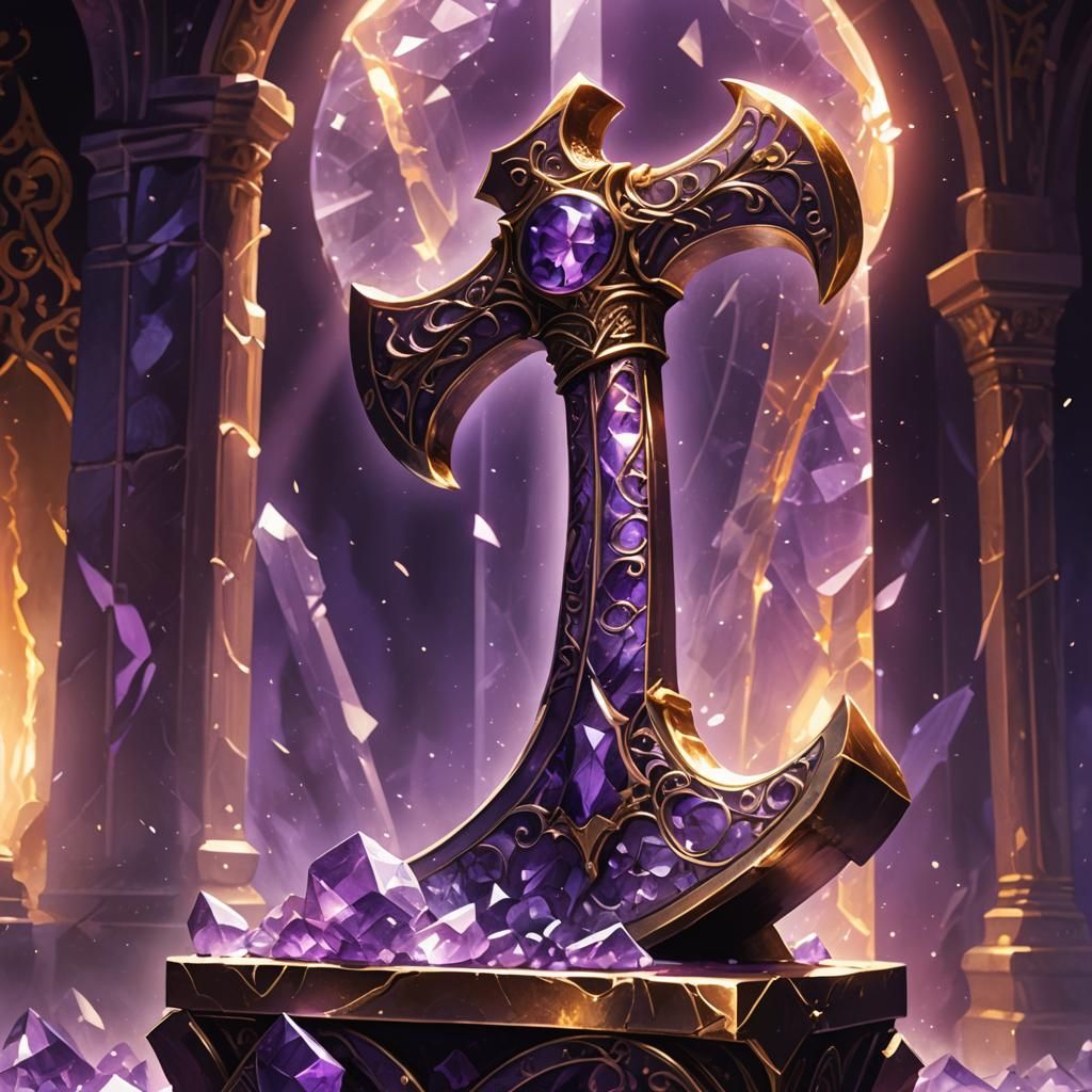 Gleaming Amethyst Axe in Dimly Lit Chamber