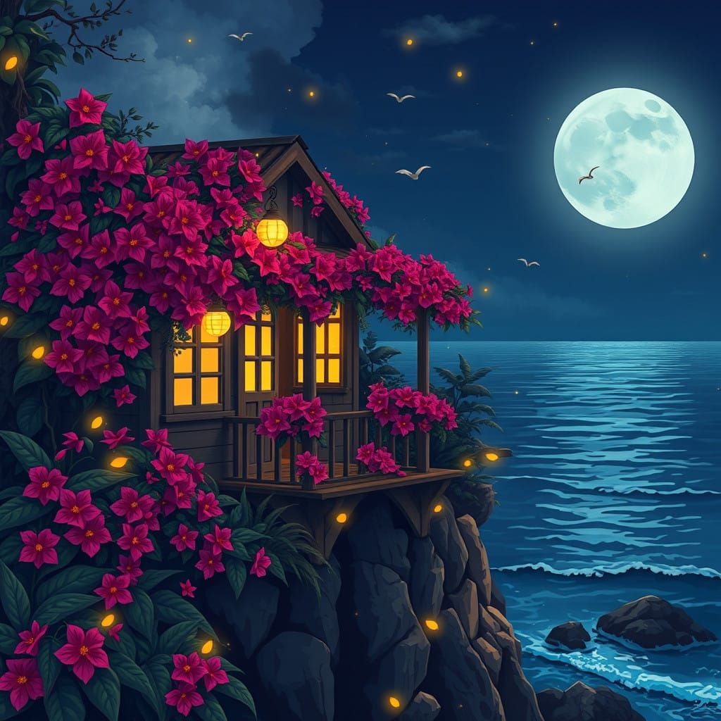Serene Moonlit Cliffside Cottage with Vibrant Bougainvilleas