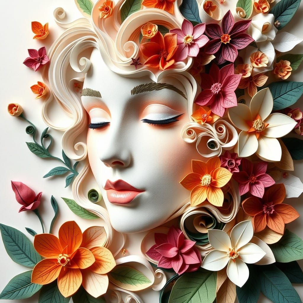 Serene Woman Amidst Intricate Paper Floral