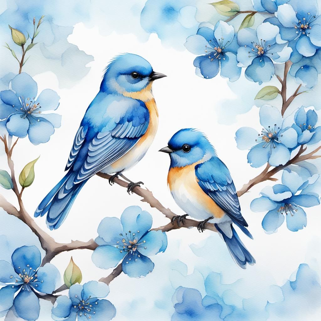 Bluebirds in Watercolor with Blue Blossoms